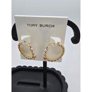 Tory Burch Kira Glass Pearl 1" Hoop Earrings w/Gold Logo - NWOT MSRP=$148.00!